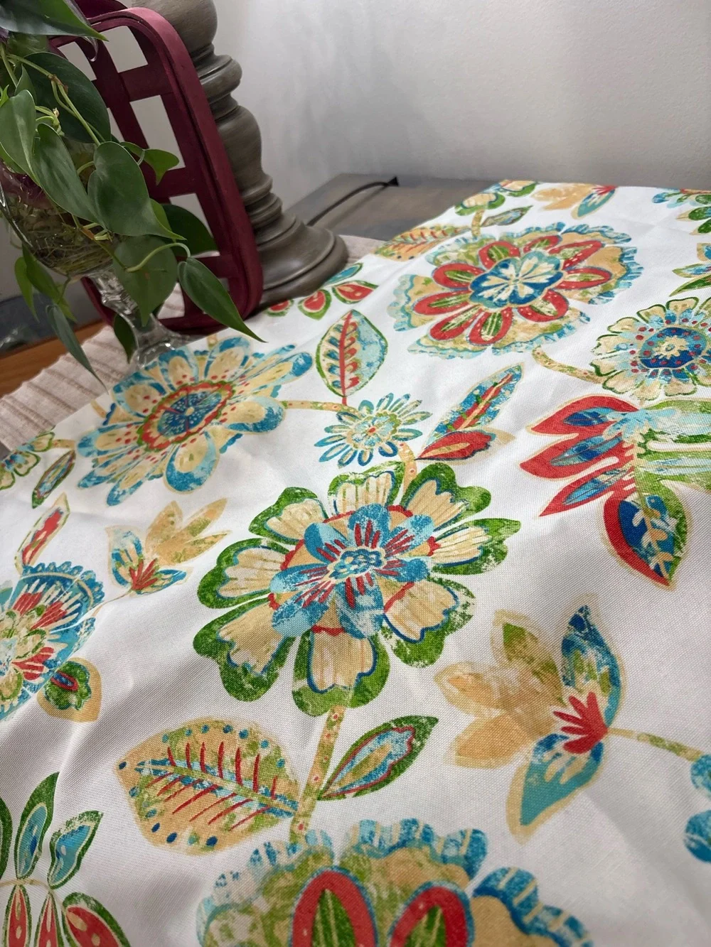 Handmade Colorful Floral Boho Multicolor Table Runner - White Background 44x26”